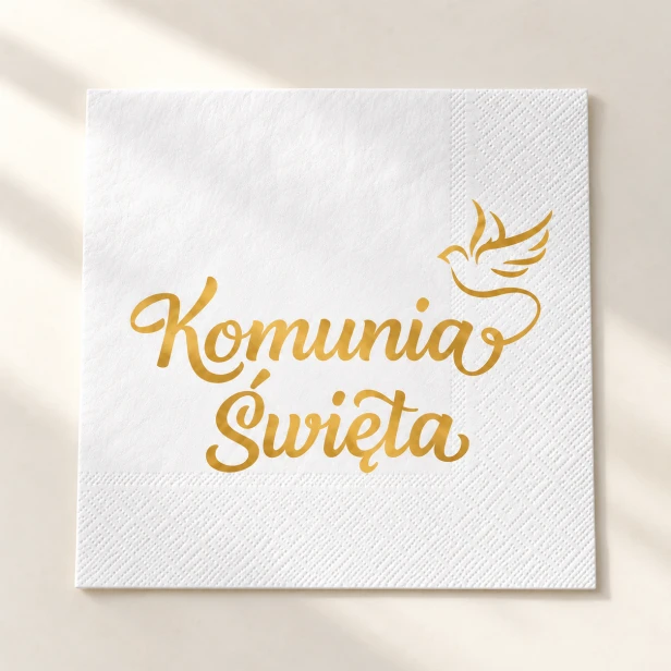Serwetki na Pierwszą Komunię Świętą – złoty napis i symbol Ducha Świętego
