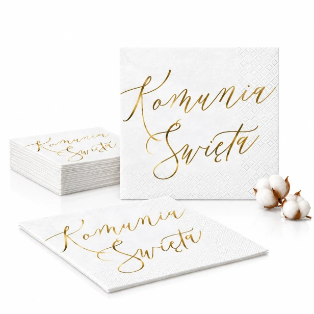 Serwetki komunijne białe ze złotym napisem Komunia Święta – 33 × 33 cm, 20 szt.