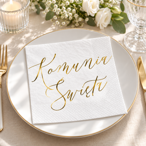 Biało-złote serwetki na Pierwszą Komunię Świętą – elegancka dekoracja stołu
