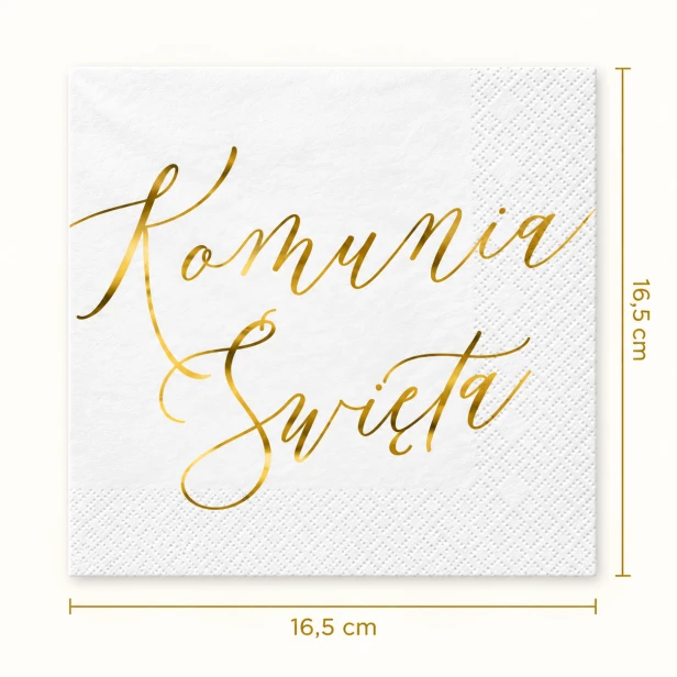 Biała serwetka komunijna 16,5 × 16,5 cm – złoty napis Komunia Święta
