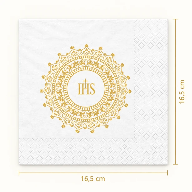 Biała serwetka komunijna 16,5 × 16,5 cm – złoty ornament eucharystyczny IHS