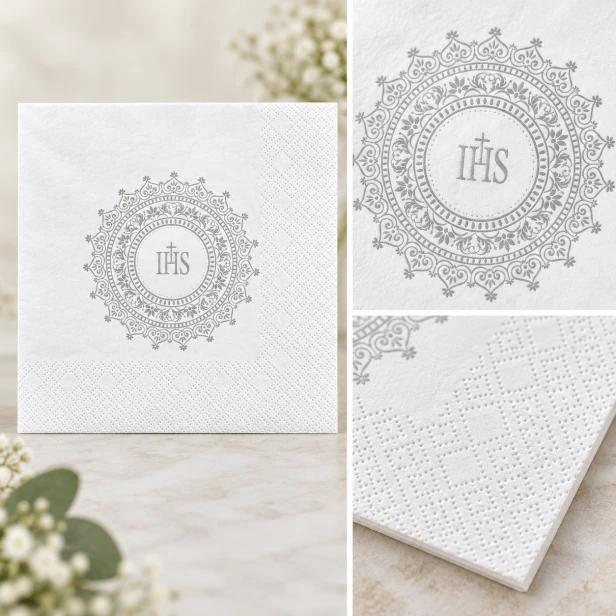 Serwetki komunijne biało-srebrne – medalion IHS i faktura papieru