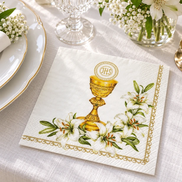 Biała serwetka komunijna z kielichem IHS – złoty ornament i lilie