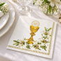 Biała serwetka komunijna z kielichem IHS – złoty ornament i lilie