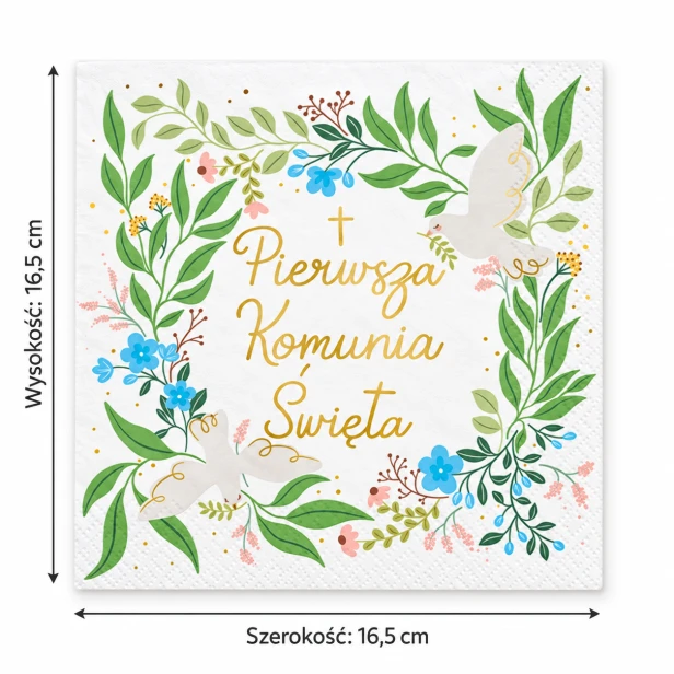 Serwetka komunijna 16,5 × 16,5 cm – kolorowe kwiaty i napis Pierwsza Komunia Święta