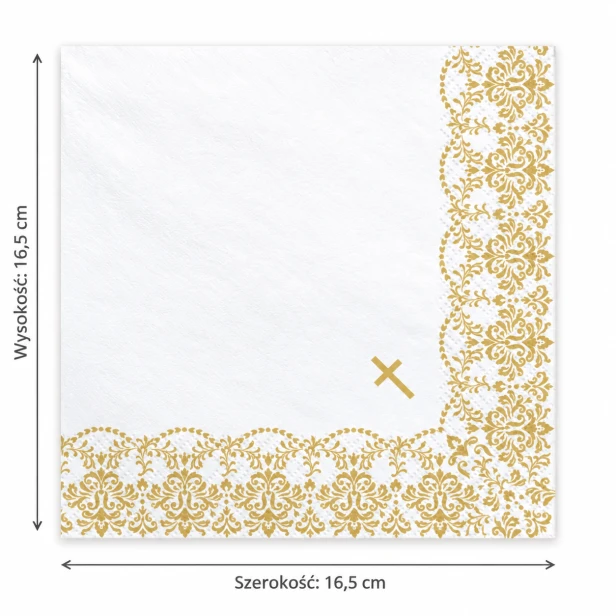 Biała serwetka komunijna 16,5 × 16,5 cm – złoty krzyż i ornament narożny