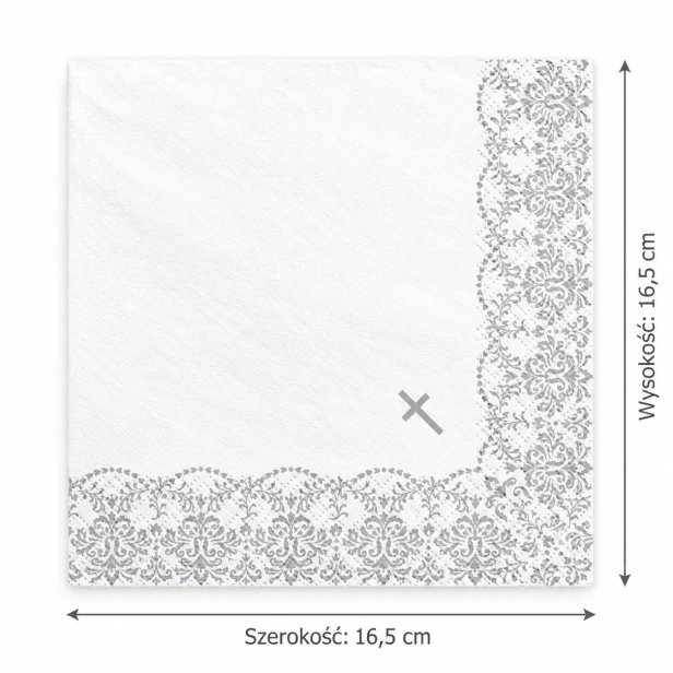 Serwetka komunijna 16,5 × 16,5 cm – srebrny krzyż i ornament narożny