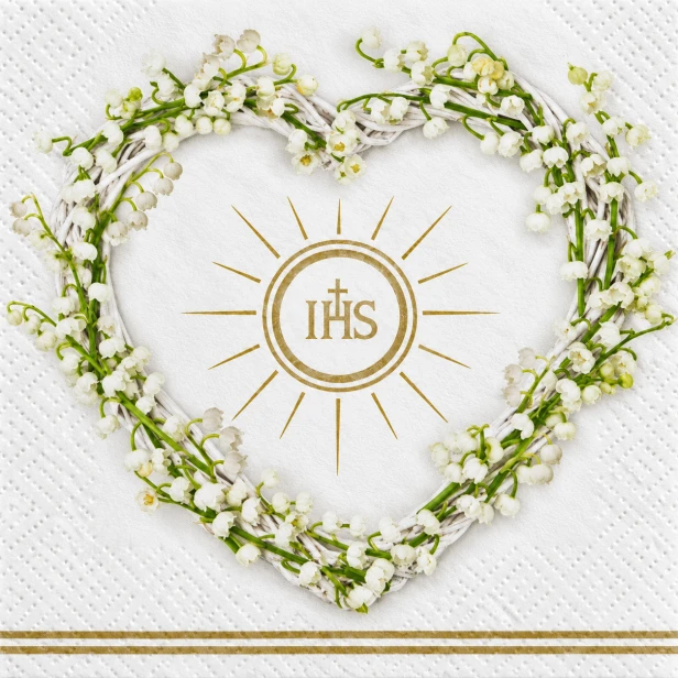 Złoty monogram IHS w sercu z konwalii – zbliżenie wzoru serwetki komunijnej