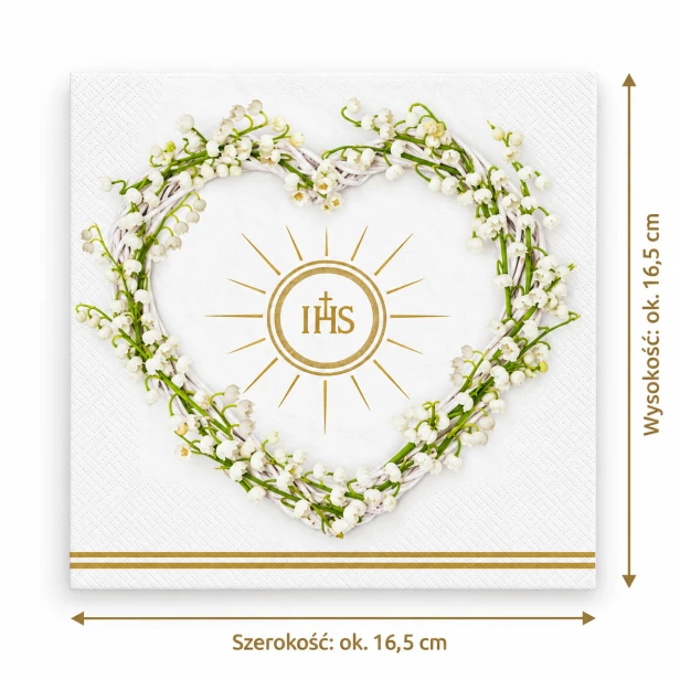 Serwetka komunijna 16,5 × 16,5 cm – serce z konwalii i złoty symbol IHS