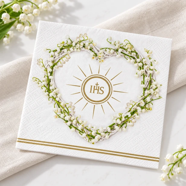 Biała serwetka komunijna z wieńcem konwalii – złoty monogram IHS w sercu