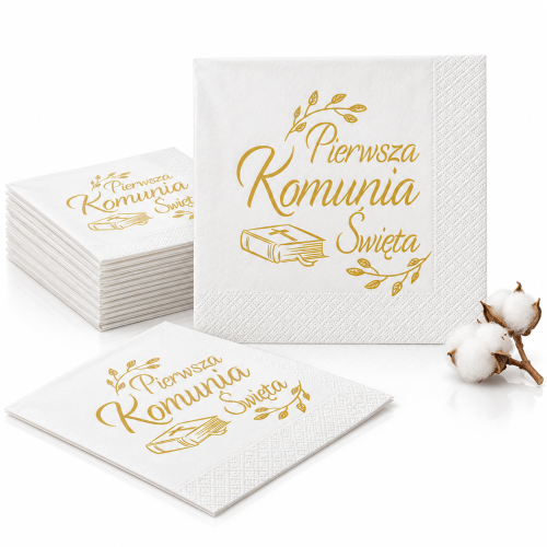 Serwetki komunijne z napisem Pierwsza Komunia Święta i Biblią – 33 × 33 cm, 20 szt.
