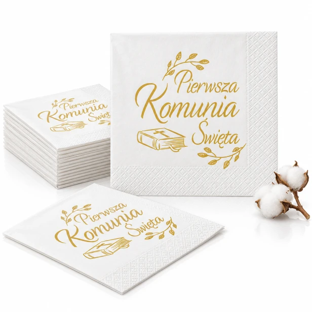 Serwetki komunijne z napisem Pierwsza Komunia Święta i Biblią – 33 × 33 cm, 20 szt.