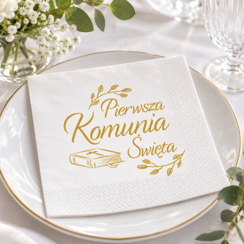 Białe serwetki komunijne ze złotym nadrukiem i Biblią – dekoracja stołu