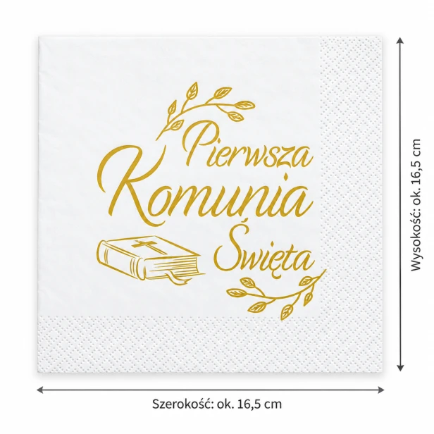 Biała serwetka komunijna 16,5 × 16,5 cm – złota kaligrafia i Biblia