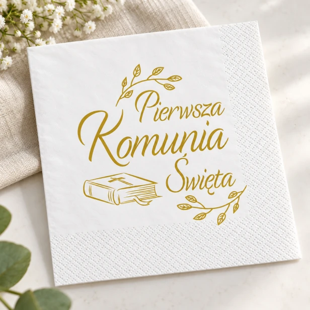Serwetka na Pierwszą Komunię Świętą – złoty napis i symbol Pisma Świętego