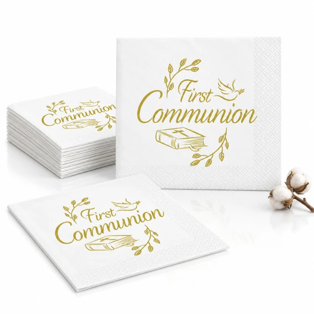 Serwetki komunijne First Communion – białe ze złotym napisem, 33 × 33 cm, 20 szt.