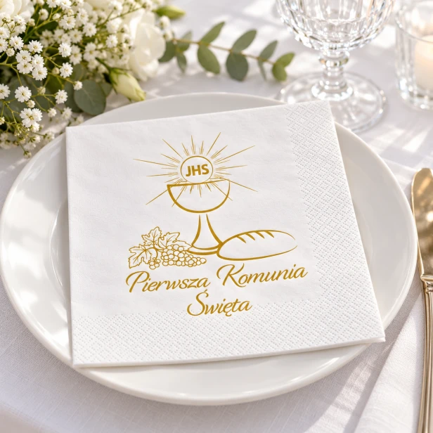 Serwetki na Pierwszą Komunię Świętą – złoty kielich w eleganckiej dekoracji stołu