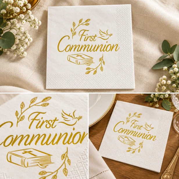 Serwetki komunijne biało-złote First Communion – kolaż aranżacji i nadruku