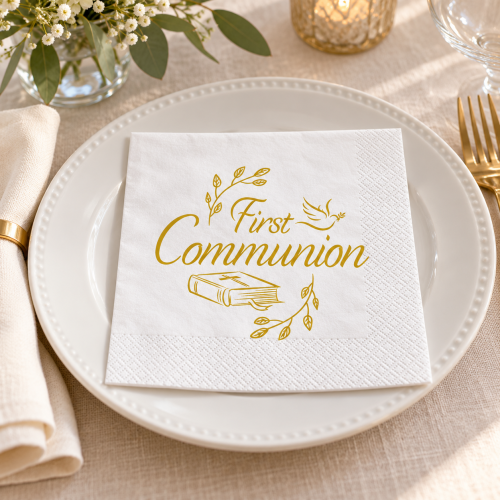 Serwetki komunijne First Communion – białe ze złotym napisem, 33 × 33 cm, 20 szt.