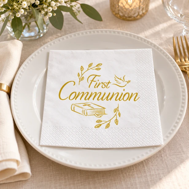 Serwetki komunijne First Communion – białe ze złotym napisem, 33 × 33 cm, 20 szt.