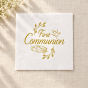 Biała serwetka komunijna ze złotym napisem First Communion – elegancki wzór