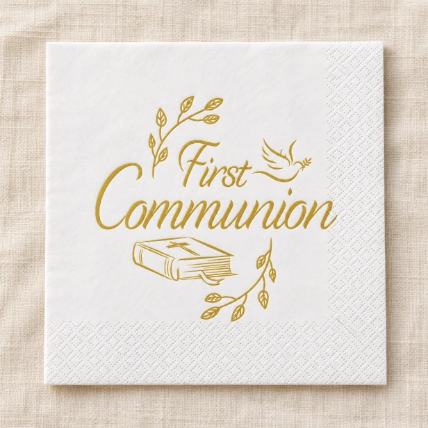 Serwetka komunijna First Communion – złoty nadruk na białym tle