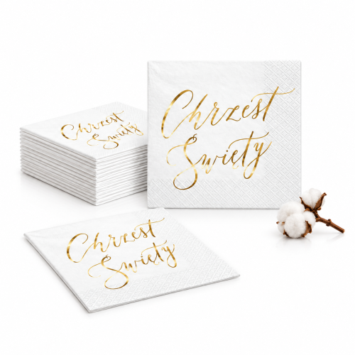 Serwetki na Chrzest Święty biało-złote z napisem – 33 × 33 cm, 20 szt.