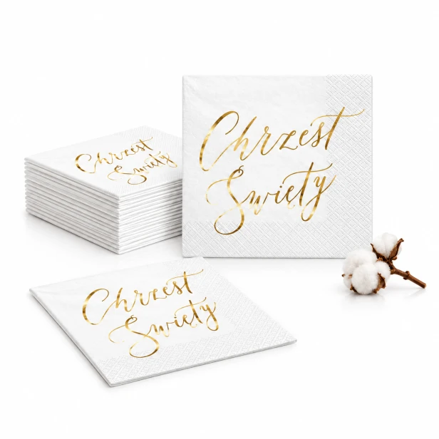 Serwetki na Chrzest Święty biało-złote z napisem – 33 × 33 cm, 20 szt.