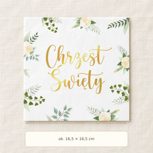 Serwetka na chrzest Eukaliptus – wymiary po złożeniu 16,5 × 16,5 cm