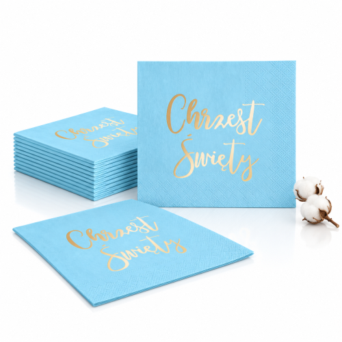 Serwetki na Chrzest Święty błękitne ze złotym napisem – 33 × 33 cm, 10 szt.