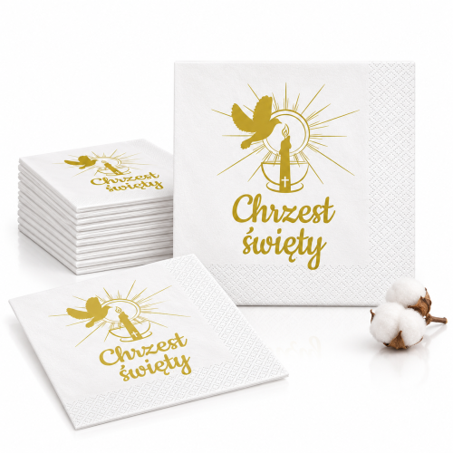 Serwetki na Chrzest Święty Złota Chrzcielnica – białe, 33 × 33 cm, 20 szt.