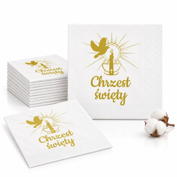 Serwetki na Chrzest Święty Złota Chrzcielnica – białe, 33 × 33 cm, 20 szt.