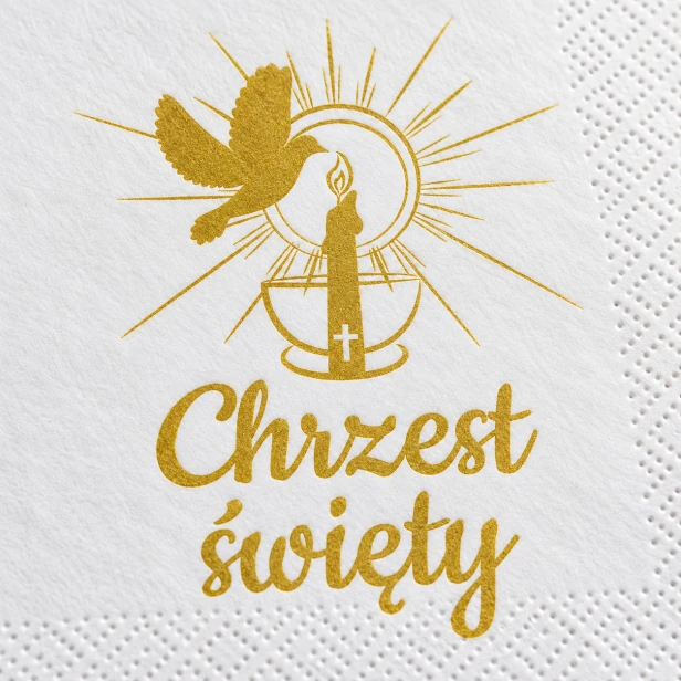 Złota Chrzcielnica – serwetka na chrzest z gołębicą i złotym napisem