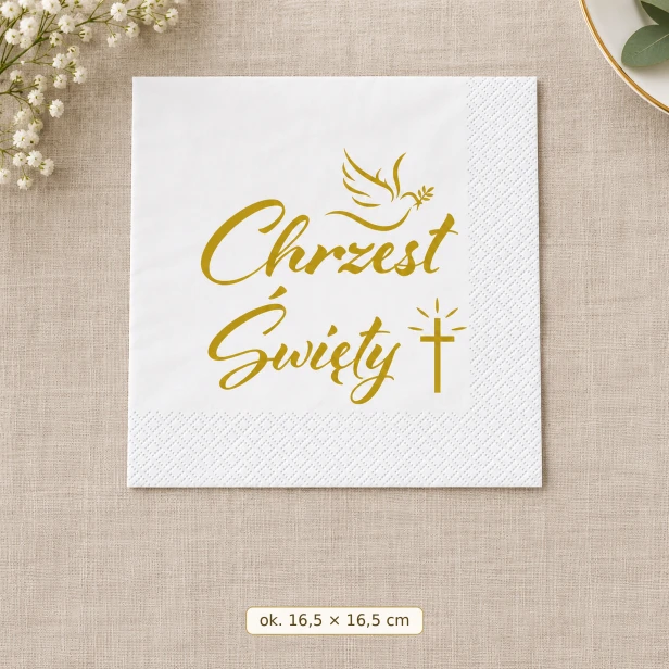 Serwetka na Chrzest Święty – złoty napis, wymiary 16,5 × 16,5 cm