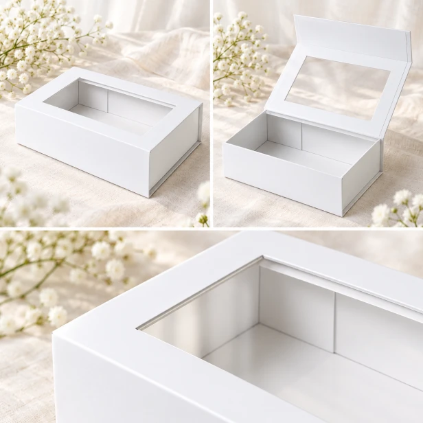 Białe pudełko prezentowe MAGNETIC BOX™ – trzy ujęcia konstrukcji i wnętrza