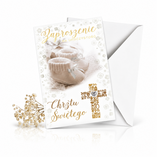 Zaproszenia na Chrzest Święty BABY ANGEL – złote zdobienia, buciki, 5 szt.