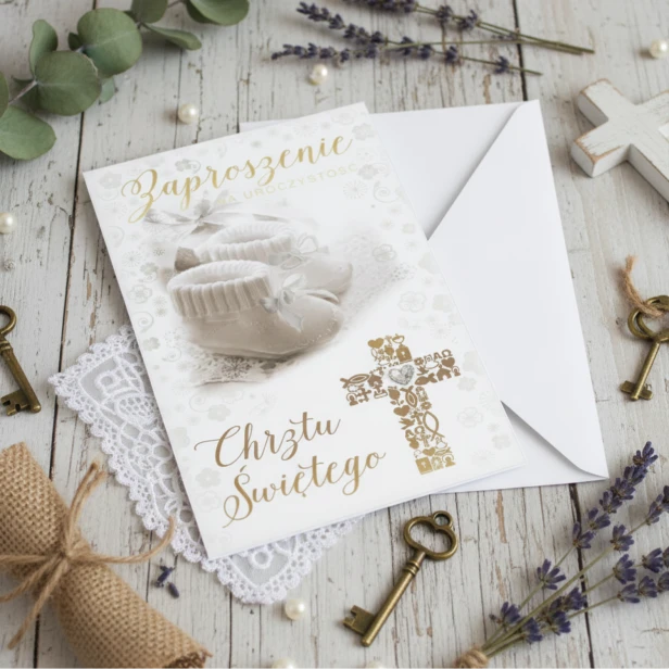 Zaproszenia na chrzest 5 sztuk – biało-złoty wzór BABY ANGEL w aranżacji