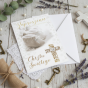 Zaproszenia na chrzest 5 sztuk – biało-złoty wzór BABY ANGEL w aranżacji