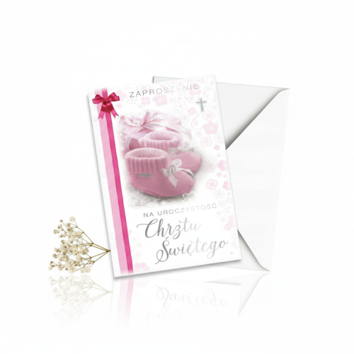 Zaproszenia na Chrzest Święty BABY PINK – różowe buciki, 5 szt.