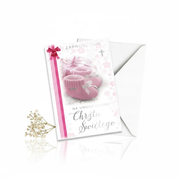 Zaproszenia na Chrzest Święty BABY PINK – różowe buciki, 5 szt.