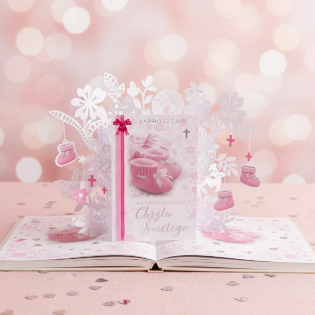 Różowe zaproszenia na Chrzest Święty – BABY PINK w pastelowej aranżacji