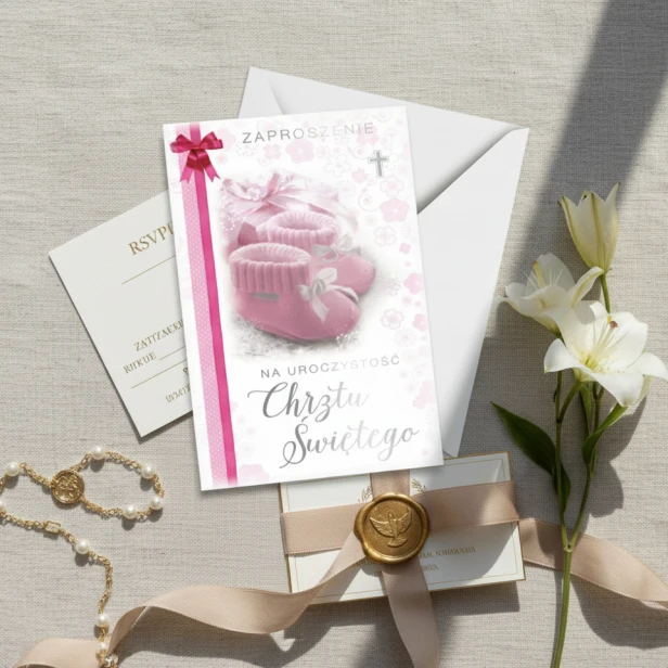 Zaproszenia na chrzest dziewczynki – elegancki wzór BABY PINK z bucikami
