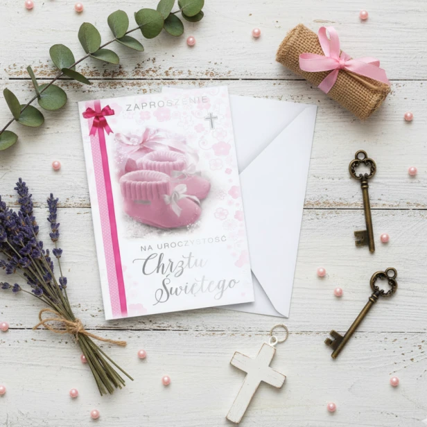 Zaproszenia na Chrzest Święty 5 szt. – BABY PINK w naturalnej aranżacji