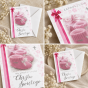 Zaproszenia chrzcielne BABY PINK – kolaż wzoru z bucikami i kopertą