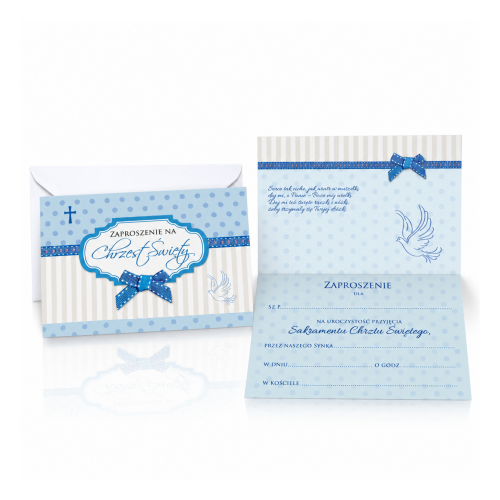 Zaproszenia na Chrzest Święty BABY BLUE – niebieskie z kokardką, 5 szt.