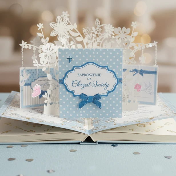 Zaproszenia na Chrzest Święty BABY BLUE – błękitne z motywem gołębicy