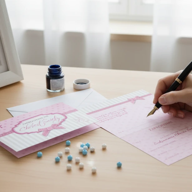 Zaproszenia na chrzest dziewczynki – różowy wzór BABY PINK w aranżacji