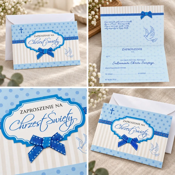 Zaproszenia chrzcielne BABY BLUE – kolaż frontu, wnętrza i koperty