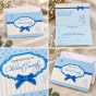 Zaproszenia chrzcielne BABY BLUE – kolaż frontu, wnętrza i koperty