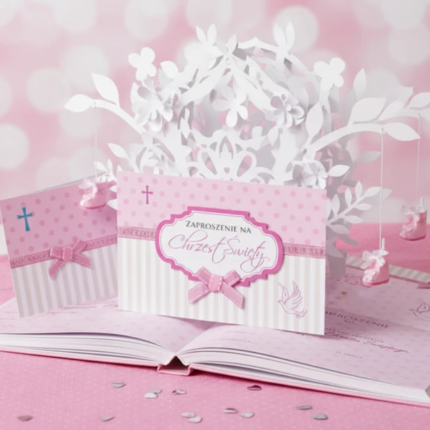 Różowe zaproszenia na Chrzest Święty – BABY PINK, 5 sztuk
